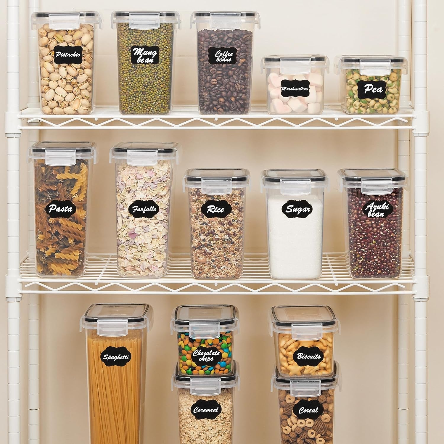 Airtight Food Storage Container Set with Lids, 15-Piece BPA-Free Plastic Canisters for Kitchen Pantry Organization, Dishwasher Safe, Includes 24 Labels