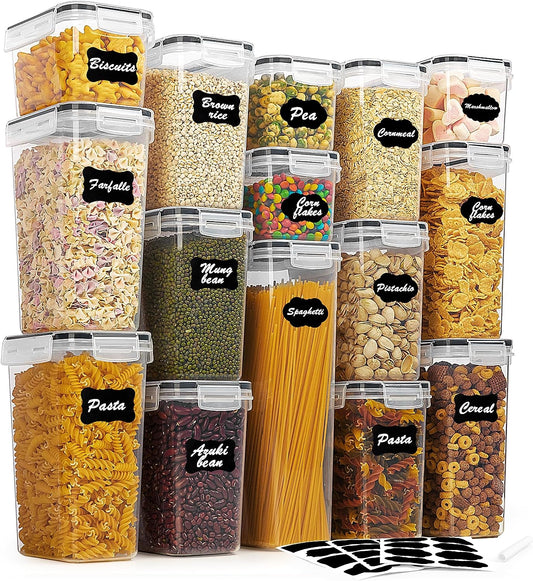 Airtight Food Storage Container Set with Lids, 15-Piece BPA-Free Plastic Canisters for Kitchen Pantry Organization, Dishwasher Safe, Includes 24 Labels
